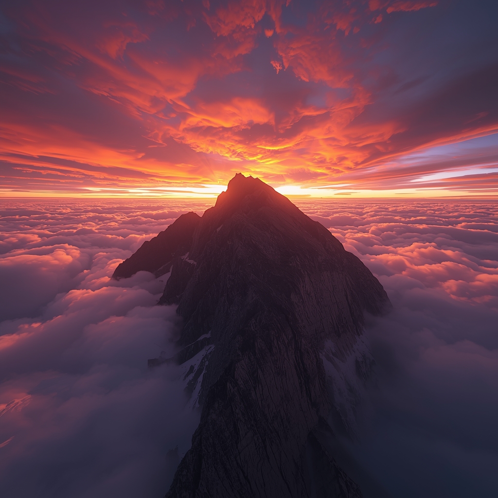 A breathtaking panoramic view of a massive, rugged mountain peak piercing through a sea of swirling clouds at sunset, vivid fiery orange and deep purple sky, photorealistic, 8k, cinematic lighting, extreme altitude, no text, no people